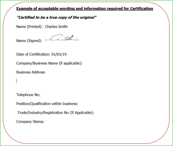 Example of acceptable wording and information required for certification Example of acceptable wording and information required for certification
